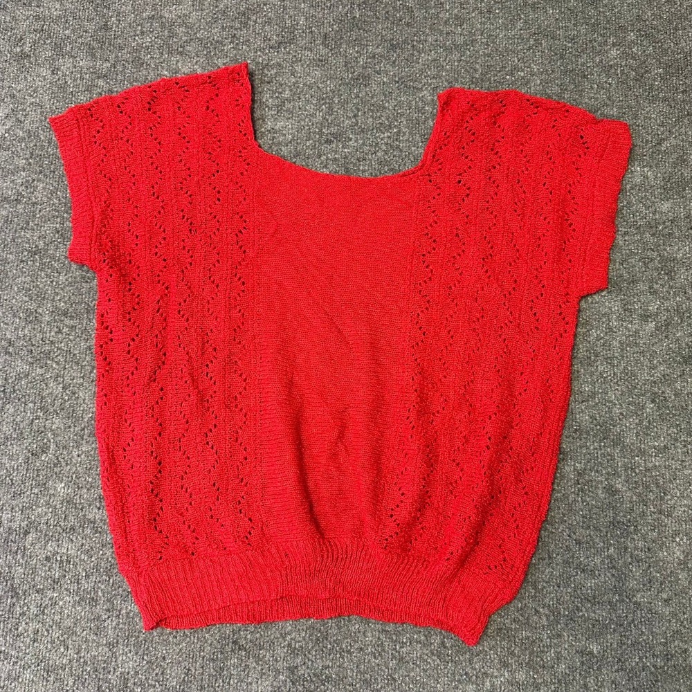 Joan Harper Sweater Womens Size L Red Pointelle Knit Square Neck Short Sleeve